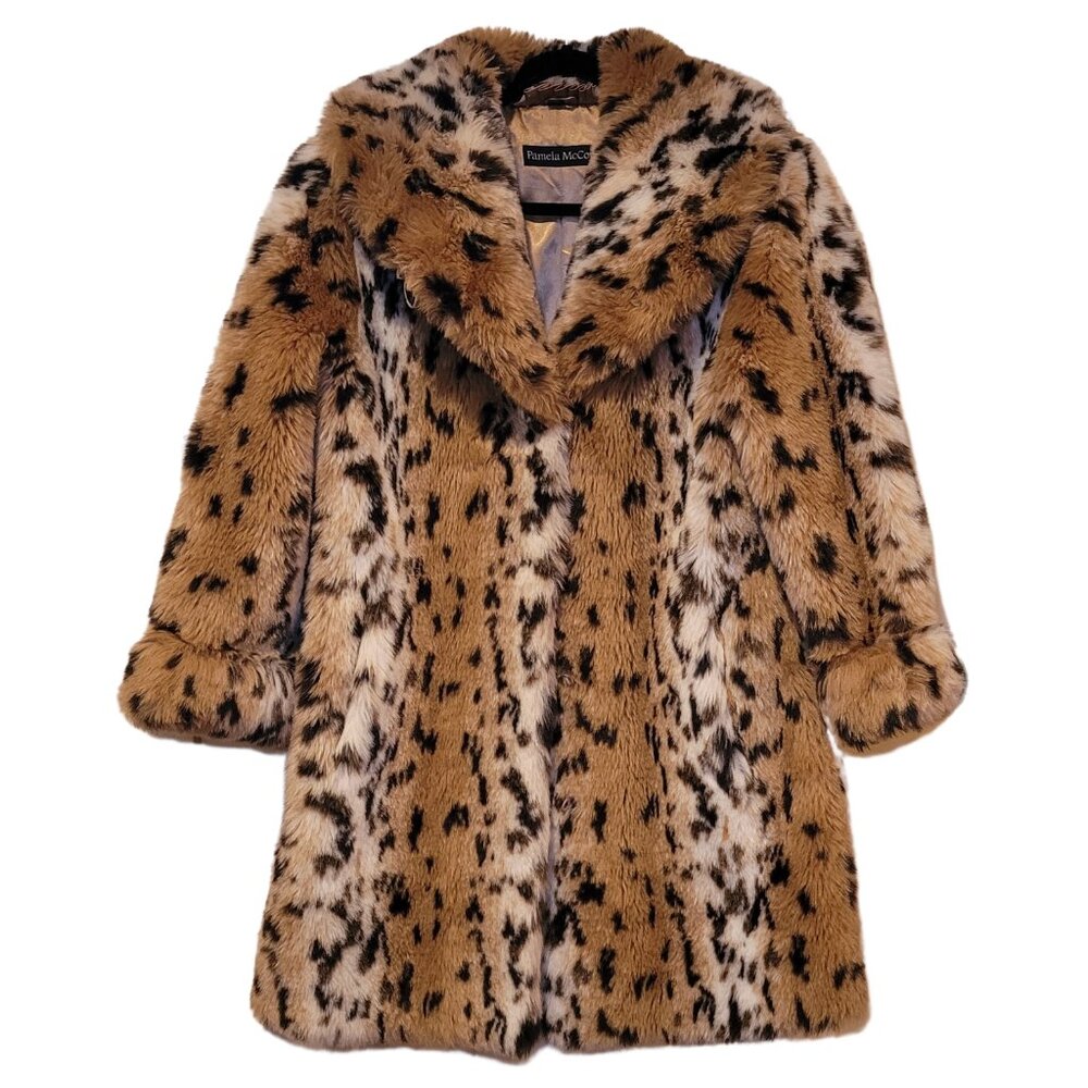 Pamela McCoy Faux Fur Leopard Print Pea Coat in Tan, Black, Cream - Picture 3 of 11